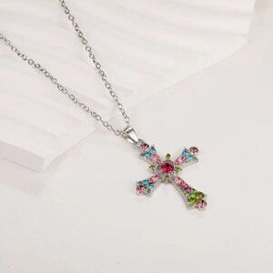 NEW Silver Plated Jeweled Cross Necklace Retro 80's Madonna Gothic